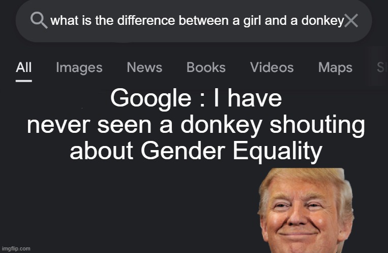 Difference between Donkey and a Girl | what is the difference between a girl and a donkey; Google : I have never seen a donkey shouting about Gender Equality | image tagged in fake search | made w/ Imgflip meme maker