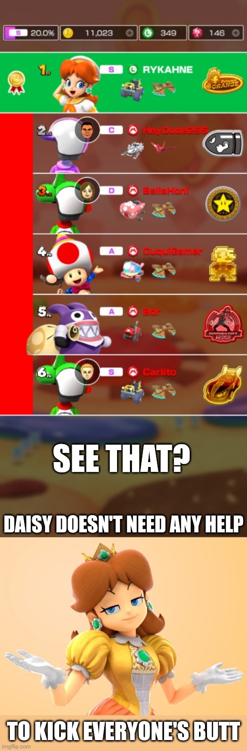 DAISY IS JUST THAT GOOD | SEE THAT? DAISY DOESN'T NEED ANY HELP; TO KICK EVERYONE'S BUTT | image tagged in daisy,mario kart,nintendo | made w/ Imgflip meme maker