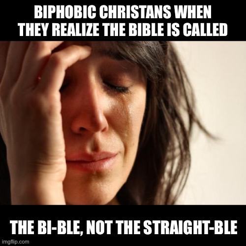 Shit post: Biphobic Christians | image tagged in first world problems,lgbtq,bisexual,christian,bible,shitpost | made w/ Imgflip meme maker