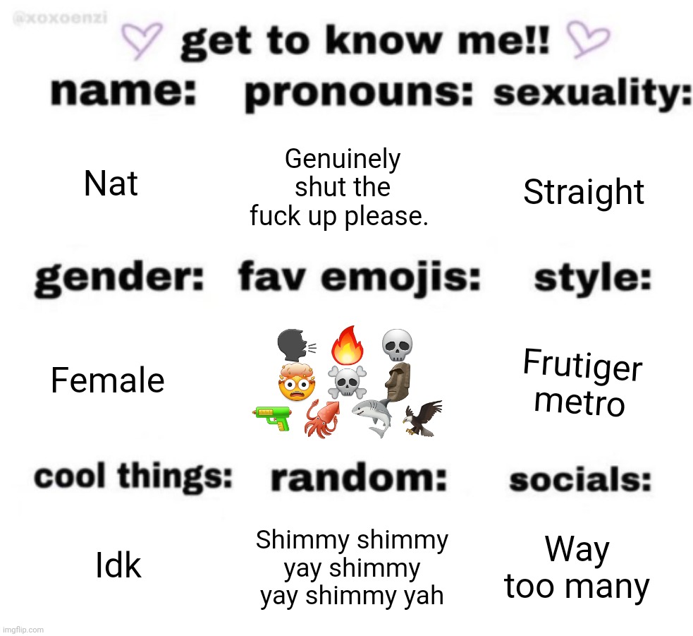 get to know me but better | Nat; Genuinely shut the fu​ck up please. Straight; 🗣 🔥 💀 🤯 ☠️ 🗿 🔫 🦑 🦈 🦅; Frutiger metro; Female; Way too many; Shimmy shimmy yay shimmy yay shimmy yah; Idk | image tagged in get to know me but better | made w/ Imgflip meme maker