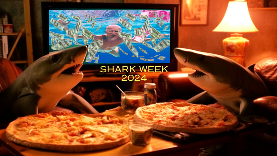 Sharks watch the Bidens on TV on shark week 1 Blank Meme Template