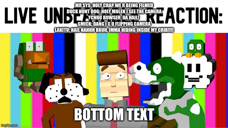 Unbeatable live Reaction be like: | MR SYS: HOLY CRAP WE R BEING FILMED
DUCK HUNT DOG: HOLY MOLEH I SEE THE CAMERA
YCNBU BOWSER: DA HAIL! 
SMICK: DANG I C U FLIPPING CAMERA
LAKITU: HAIL NAHHH BRUH, IMMA HIDING INSIDE MY CRIB!!!! BOTTOM TEXT | image tagged in live unbeatable reaction | made w/ Imgflip meme maker