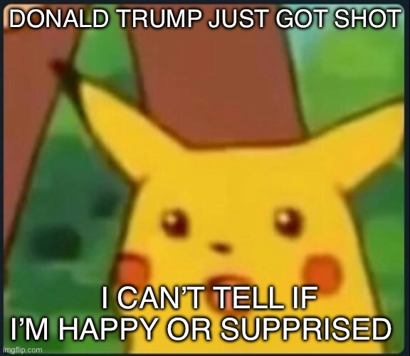 Idk | DONALD TRUMP JUST GOT SHOT; I CAN’T TELL IF I’M HAPPY OR SUPPRISED | image tagged in surprised pikachu | made w/ Imgflip meme maker
