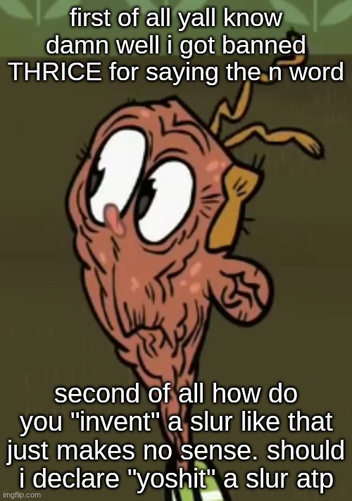 two shoes wild | first of all yall know damn well i got banned THRICE for saying the n word; second of all how do you "invent" a slur like that just makes no sense. should i declare "yoshit" a slur atp | image tagged in two shoes wild | made w/ Imgflip meme maker