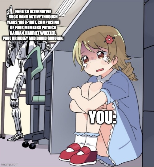 im scared of sundays | ENGLISH ALTERNATIVE ROCK BAND ACTIVE THROUGH YEARS 1988-1997, COMPRISING OF FOUR MEMBERS PATRICK HANNAN, HARRIET WHEELER, PAUL BRINDLEY AND DAVID GAVURIN:; YOU: | image tagged in anime girl hiding from terminator | made w/ Imgflip meme maker