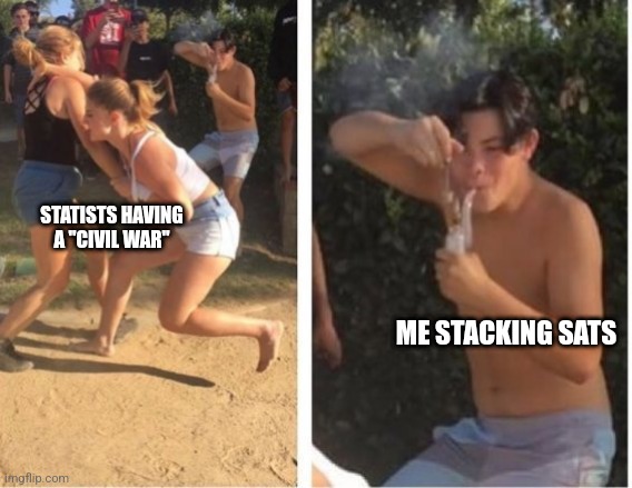 Dabbing Dude | STATISTS HAVING A "CIVIL WAR"; ME STACKING SATS | image tagged in dabbing dude | made w/ Imgflip meme maker