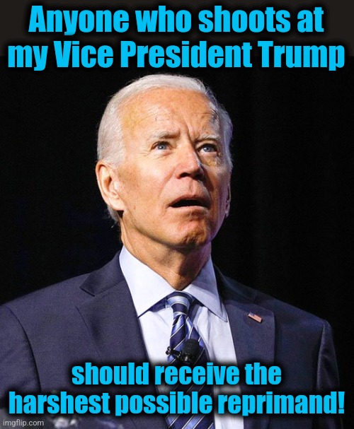 Joe Biden | Anyone who shoots at my Vice President Trump; should receive the harshest possible reprimand! | image tagged in joe biden,memes,donald trump,assassination,attempt,reprimand | made w/ Imgflip meme maker