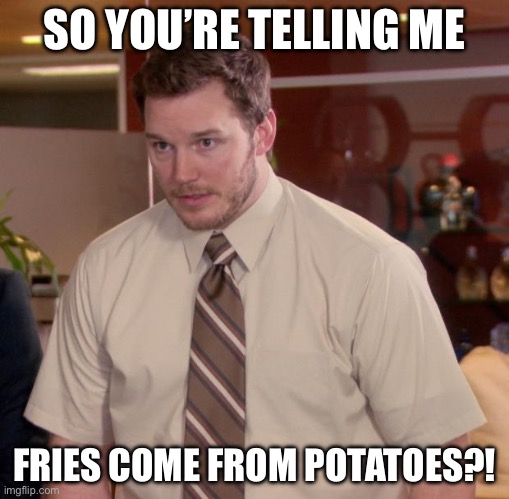 Fries! | SO YOU’RE TELLING ME; FRIES COME FROM POTATOES?! | image tagged in memes,afraid to ask andy | made w/ Imgflip meme maker