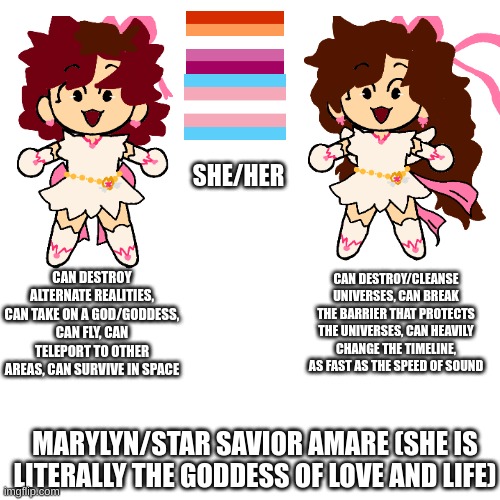 By me | SHE/HER; CAN DESTROY ALTERNATE REALITIES, CAN TAKE ON A GOD/GODDESS, CAN FLY, CAN TELEPORT TO OTHER AREAS, CAN SURVIVE IN SPACE; CAN DESTROY/CLEANSE UNIVERSES, CAN BREAK THE BARRIER THAT PROTECTS THE UNIVERSES, CAN HEAVILY CHANGE THE TIMELINE, AS FAST AS THE SPEED OF SOUND; MARYLYN/STAR SAVIOR AMARE (SHE IS LITERALLY THE GODDESS OF LOVE AND LIFE) | made w/ Imgflip meme maker