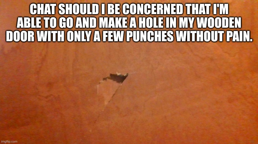 Should I be concerned that I have all this built up anger where its to the point where I'm able to break holes into my door. | CHAT SHOULD I BE CONCERNED THAT I'M ABLE TO GO AND MAKE A HOLE IN MY WOODEN DOOR WITH ONLY A FEW PUNCHES WITHOUT PAIN. | made w/ Imgflip meme maker