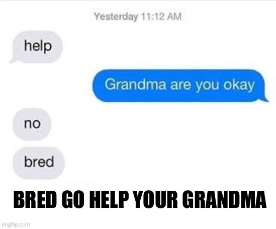 Shit post: Bred go help your grandma | BRED GO HELP YOUR GRANDMA | image tagged in shitpost,texts,texting,grandma,family,lgbtq | made w/ Imgflip meme maker