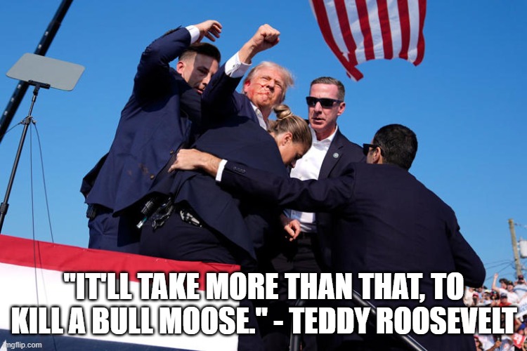 Trump Lives ! | "IT'LL TAKE MORE THAN THAT, TO KILL A BULL MOOSE." - TEDDY ROOSEVELT | image tagged in trump,donald trump,president trump | made w/ Imgflip meme maker