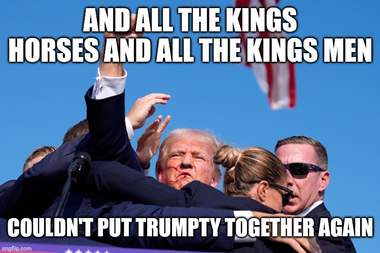 AND ALL THE KINGS HORSES AND ALL THE KINGS MEN; COULDN'T PUT TRUMPTY TOGETHER AGAIN | image tagged in donald trump | made w/ Imgflip meme maker