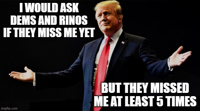 Missed | I WOULD ASK DEMS AND RINOS IF THEY MISS ME YET; BUT THEY MISSED ME AT LEAST 5 TIMES | image tagged in trump do you miss me yet | made w/ Imgflip meme maker