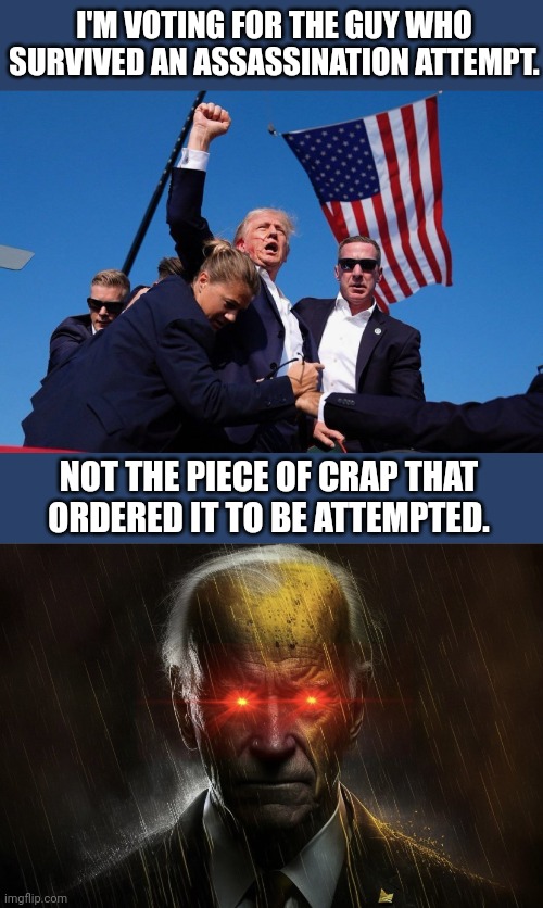I'M VOTING FOR THE GUY WHO SURVIVED AN ASSASSINATION ATTEMPT. NOT THE PIECE OF CRAP THAT ORDERED IT TO BE ATTEMPTED. | image tagged in dark brandon wrinkly redux | made w/ Imgflip meme maker