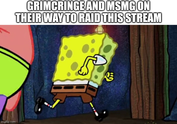 spongebob running | GRIMCRINGE AND MSMG ON THEIR WAY TO RAID THIS STREAM | image tagged in spongebob running | made w/ Imgflip meme maker