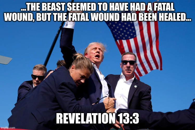 Trump head wound Revelation 13 | ...THE BEAST SEEMED TO HAVE HAD A FATAL WOUND, BUT THE FATAL WOUND HAD BEEN HEALED... REVELATION 13:3 | image tagged in trump head wound revelation 13 | made w/ Imgflip meme maker