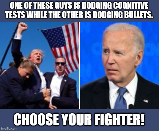 The Deep State is desperate. | ONE OF THESE GUYS IS DODGING COGNITIVE TESTS WHILE THE OTHER IS DODGING BULLETS. CHOOSE YOUR FIGHTER! | image tagged in deep state,trump,biden | made w/ Imgflip meme maker