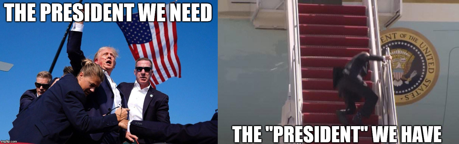 President we Need | THE PRESIDENT WE NEED; THE "PRESIDENT" WE HAVE | image tagged in biden fall | made w/ Imgflip meme maker