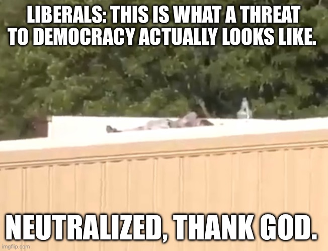 Pay attention democrats.  Your words are hollow and dangerous. | LIBERALS: THIS IS WHAT A THREAT TO DEMOCRACY ACTUALLY LOOKS LIKE. NEUTRALIZED, THANK GOD. | made w/ Imgflip meme maker
