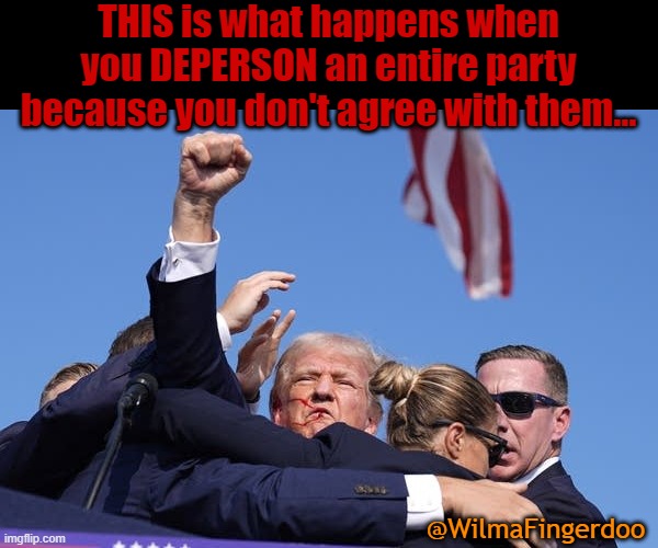 THIS is what happens when you DEPERSON an entire party because you don't agree with them... @WilmaFingerdoo | image tagged in trump,biden,assassination | made w/ Imgflip meme maker