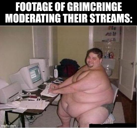 really fat guy on computer | FOOTAGE OF GRIMCRINGE MODERATING THEIR STREAMS: | image tagged in really fat guy on computer | made w/ Imgflip meme maker