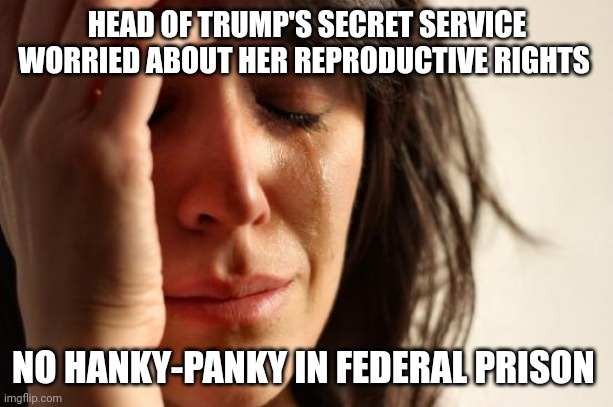 Head of Trump's secret service | HEAD OF TRUMP'S SECRET SERVICE WORRIED ABOUT HER REPRODUCTIVE RIGHTS; NO HANKY-PANKY IN FEDERAL PRISON | image tagged in memes,first world problems | made w/ Imgflip meme maker