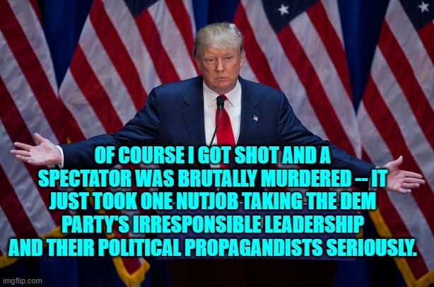 All it takes is one.  Fortunately he was a lousy shot. | OF COURSE I GOT SHOT AND A SPECTATOR WAS BRUTALLY MURDERED -- IT JUST TOOK ONE NUTJOB TAKING THE DEM PARTY'S IRRESPONSIBLE LEADERSHIP AND THEIR POLITICAL PROPAGANDISTS SERIOUSLY. | image tagged in donald trump | made w/ Imgflip meme maker