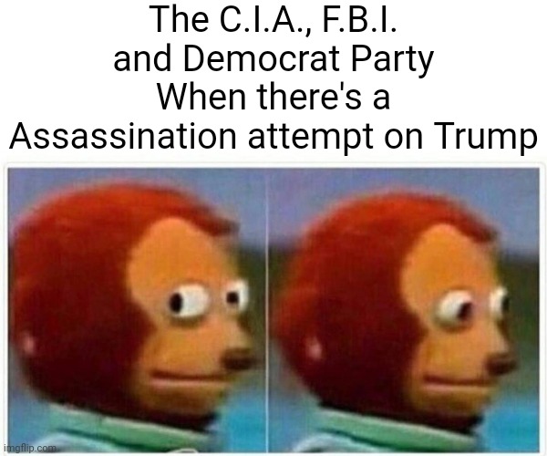TRUMP 2024!!! | The C.I.A., F.B.I. and Democrat Party When there's a Assassination attempt on Trump | image tagged in monkey puppet,trump,2024,assassination | made w/ Imgflip meme maker