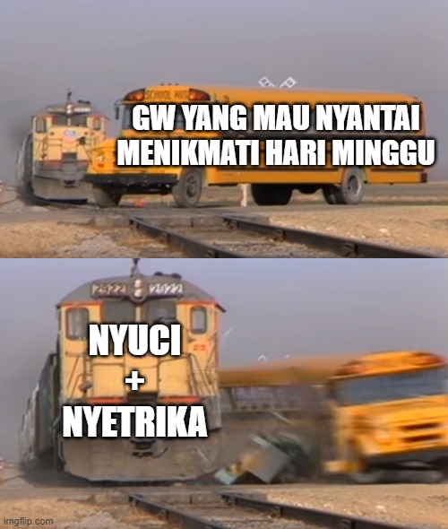 mau nyantai hari minggu tapi cucian dan setrikaan numpuk | GW YANG MAU NYANTAI MENIKMATI HARI MINGGU; NYUCI
+
NYETRIKA | image tagged in a train hitting a school bus | made w/ Imgflip meme maker