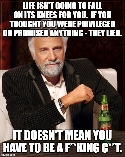 The Most Interesting Man In The World | LIFE ISN'T GOING TO FALL ON ITS KNEES FOR YOU.  IF YOU THOUGHT YOU WERE PRIVILEGED OR PROMISED ANYTHING - THEY LIED. IT DOESN'T MEAN YOU HAVE TO BE A F**KING C**T. | image tagged in memes,the most interesting man in the world | made w/ Imgflip meme maker