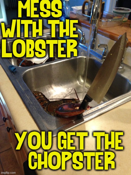 There are some Lobsters that want you in the pot! | MESS WITH THE LOBSTER; YOU GET THE 
CHOPSTER | image tagged in vince vance,lobsters,memes,butcher knife,knives,thug life | made w/ Imgflip meme maker