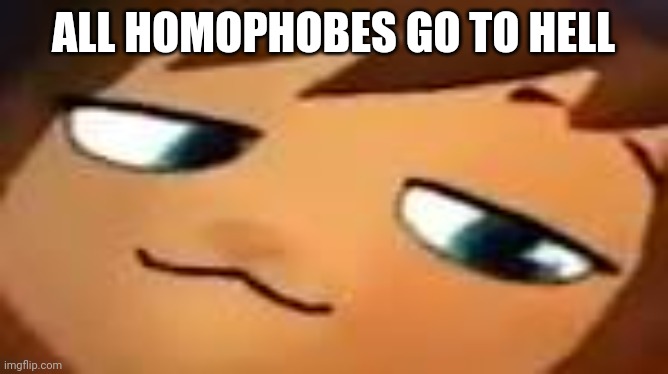 smug hat kid.mp4 | ALL HOMOPHOBES GO TO HELL | image tagged in smug hat kid mp4 | made w/ Imgflip meme maker