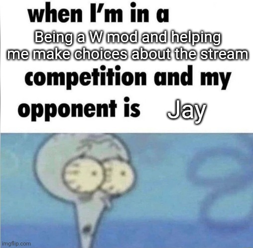 Appreciation (gimme a minute to make more. Something popped up) | Being a W mod and helping me make choices about the stream; Jay | image tagged in whe i'm in a competition and my opponent is | made w/ Imgflip meme maker