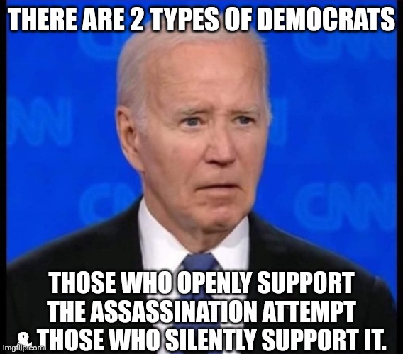 Democrats are disappointed they missed Trump. | THERE ARE 2 TYPES OF DEMOCRATS; THOSE WHO OPENLY SUPPORT THE ASSASSINATION ATTEMPT & THOSE WHO SILENTLY SUPPORT IT. | image tagged in memes,politics,democrats,republicans,trump,trending | made w/ Imgflip meme maker