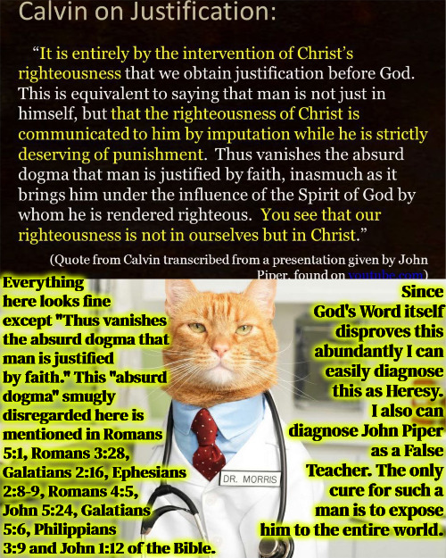 A "Reformed" Liar | Since God's Word itself disproves this abundantly I can easily diagnose this as Heresy. I also can diagnose John Piper as a False Teacher. The only cure for such a man is to expose him to the entire world. Everything here looks fine except "Thus vanishes the absurd dogma that man is justified by faith." This "absurd dogma" smugly disregarded here is mentioned in Romans 5:1, Romans 3:28, Galatians 2:16, Ephesians 2:8-9, Romans 4:5, John 5:24, Galatians 5:6, Philippians 3:9 and John 1:12 of the Bible. | image tagged in tulip,calvinism,hyper calvinist,false teacher,liar,heresy | made w/ Imgflip meme maker