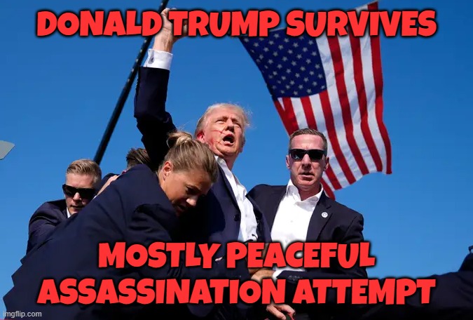 Mostly Peaceful Assassination | DONALD TRUMP SURVIVES; MOSTLY PEACEFUL
ASSASSINATION ATTEMPT | image tagged in maga,make america great again,tds,trump derangement syndrome,assassination,trump | made w/ Imgflip meme maker