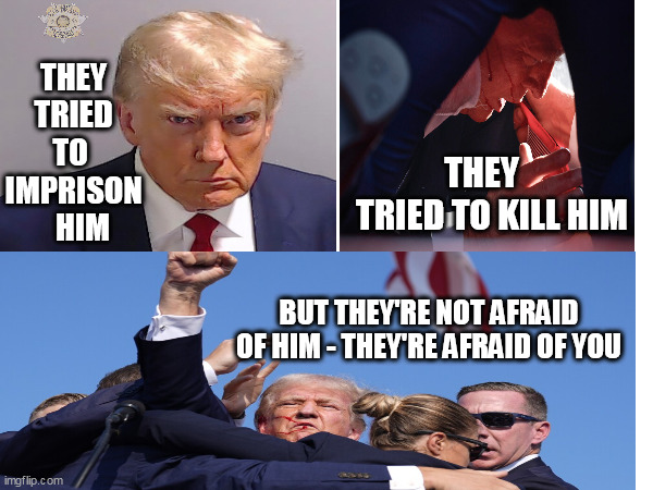 They're afraid of you | THEY TRIED  TO   IMPRISON    HIM; THEY    TRIED TO KILL HIM; BUT THEY'RE NOT AFRAID OF HIM - THEY'RE AFRAID OF YOU | image tagged in donald trump mugshot | made w/ Imgflip meme maker