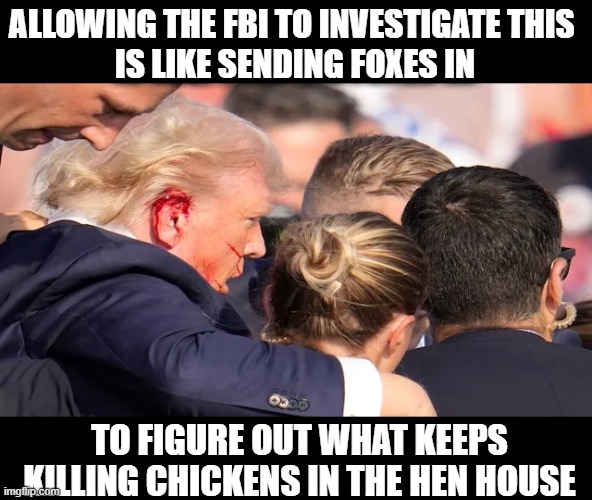 trump, fbi, assassination, election, 2024, biden | ALLOWING THE FBI TO INVESTIGATE THIS 
IS LIKE SENDING FOXES IN; TO FIGURE OUT WHAT KEEPS
KILLING CHICKENS IN THE HEN HOUSE | image tagged in trump,assasination,liberal,2024,election | made w/ Imgflip meme maker