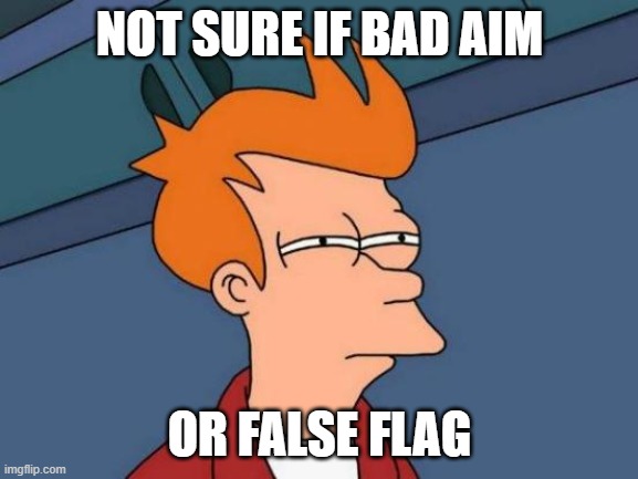 Futurama Fry Meme | NOT SURE IF BAD AIM; OR FALSE FLAG | image tagged in memes,futurama fry | made w/ Imgflip meme maker