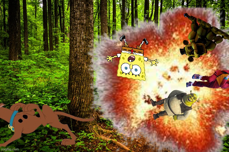 Scooby sets an explosive off, killing Golden Freddy, Joker, Spongebob and Shrek. | image tagged in hunger games,scooby doo,golden freddy,joker,spongebob | made w/ Imgflip meme maker