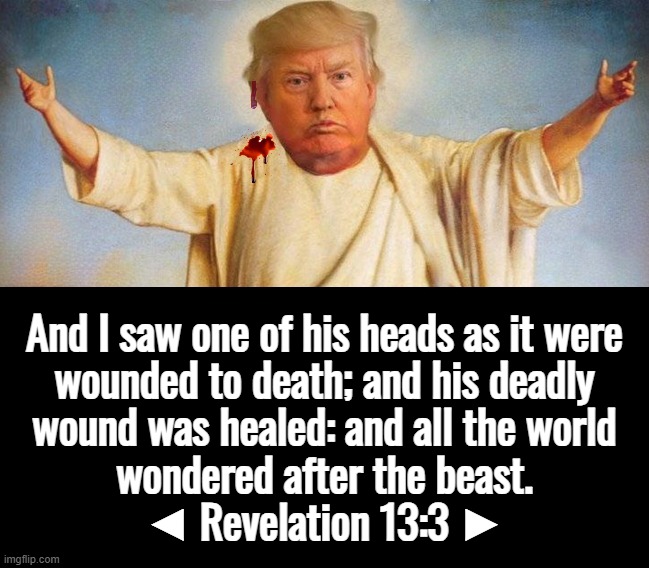 antichrist... | And I saw one of his heads as it were
wounded to death; and his deadly
wound was healed: and all the world
wondered after the beast.
◄ Revelation 13:3 ► | image tagged in antichrist,i hate the antichrist,bible verse,revelation,headshot,beast | made w/ Imgflip meme maker