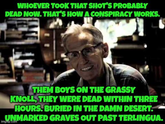 WHOEVER TOOK THAT SHOT'S PROBABLY DEAD NOW. THAT'S HOW A CONSPIRACY WORKS. THEM BOYS ON THE GRASSY KNOLL, THEY WERE DEAD WITHIN THREE HOURS. | made w/ Imgflip meme maker