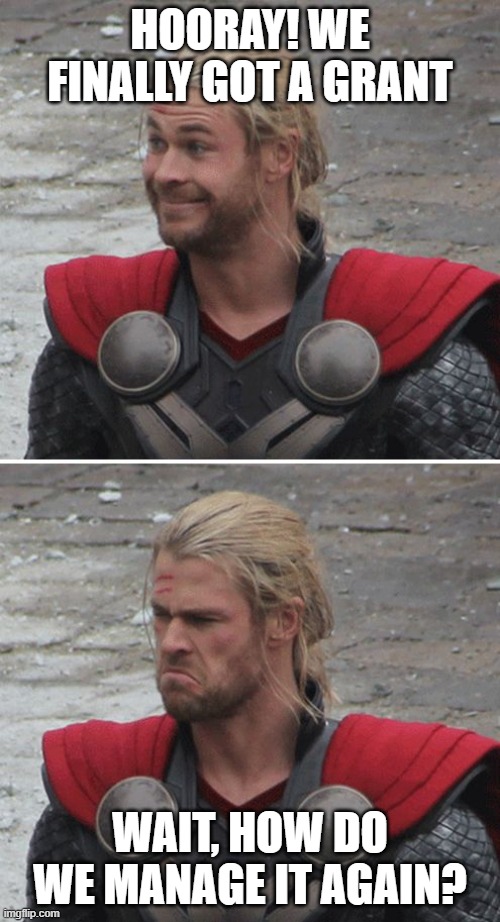 hooray, then wait a second | HOORAY! WE FINALLY GOT A GRANT; WAIT, HOW DO WE MANAGE IT AGAIN? | image tagged in thor happy then sad | made w/ Imgflip meme maker