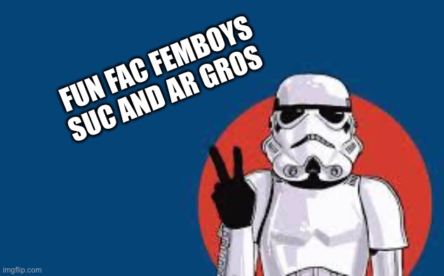 Star Wars Storm Trooper Yolo | FUN FAC FEMBOYS SUC AND AR GROS | image tagged in star wars storm trooper yolo | made w/ Imgflip meme maker