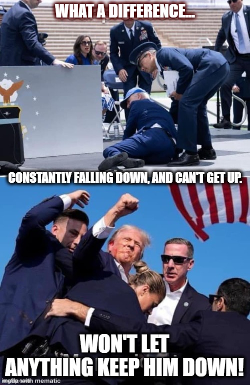 WHAT A DIFFERENCE... CONSTANTLY FALLING DOWN, AND CAN'T GET UP. WON'T LET ANYTHING KEEP HIM DOWN! | made w/ Imgflip meme maker