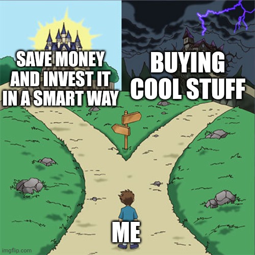 The choice | SAVE MONEY AND INVEST IT IN A SMART WAY; BUYING COOL STUFF; ME | image tagged in two paths | made w/ Imgflip meme maker