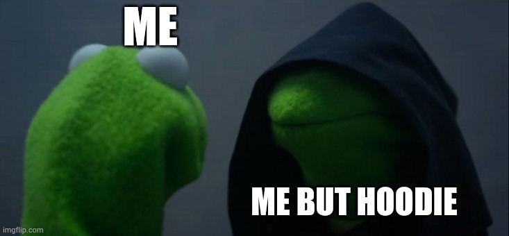 The first shitpost i think | ME; ME BUT HOODIE | image tagged in memes,evil kermit | made w/ Imgflip meme maker