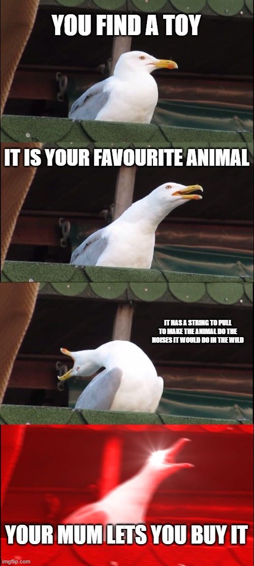 Inhaling Seagull Meme | YOU FIND A TOY; IT IS YOUR FAVOURITE ANIMAL; IT HAS A STRING TO PULL TO MAKE THE ANIMAL DO THE NOISES IT WOULD DO IN THE WILD; YOUR MUM LETS YOU BUY IT | image tagged in memes,inhaling seagull | made w/ Imgflip meme maker