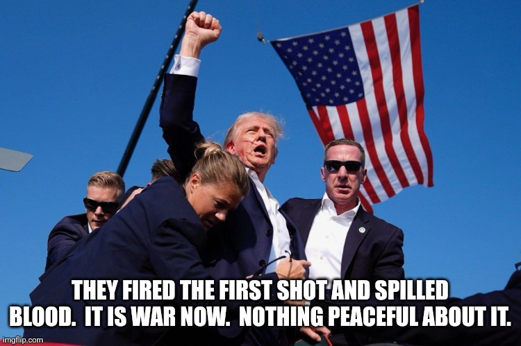 Trump Assassination Attempt | THEY FIRED THE FIRST SHOT AND SPILLED BLOOD.  IT IS WAR NOW.  NOTHING PEACEFUL ABOUT IT. | image tagged in trump assassination attempt | made w/ Imgflip meme maker